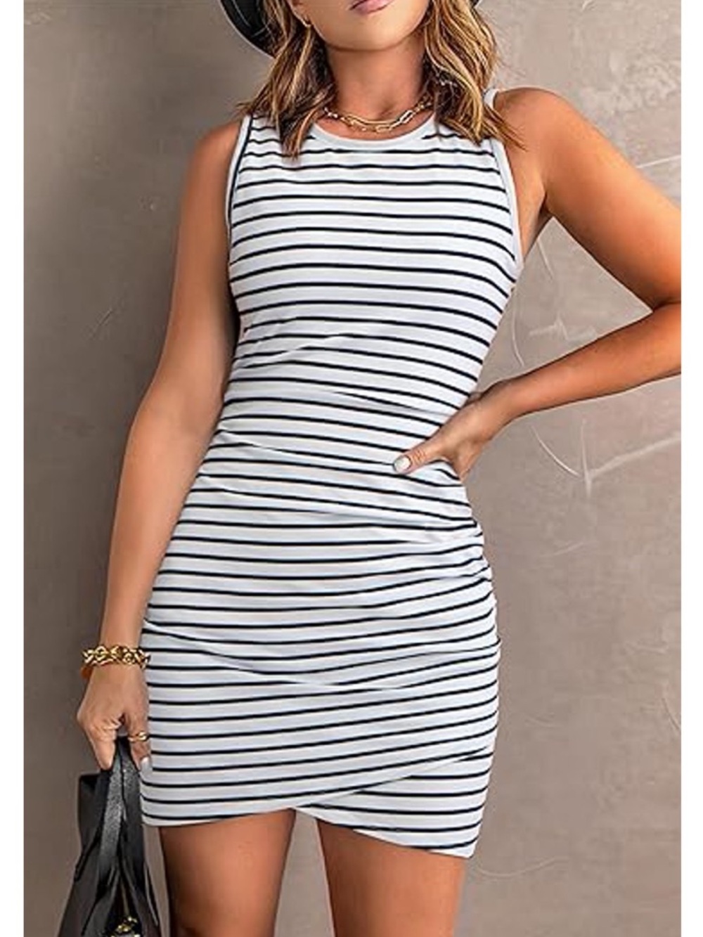 BTFBM Striped Sleeveless Ruched Body-con Mini Dress in White & Navy, Sz Small